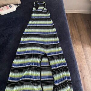 Long skiny dress with green, blue, white and black.